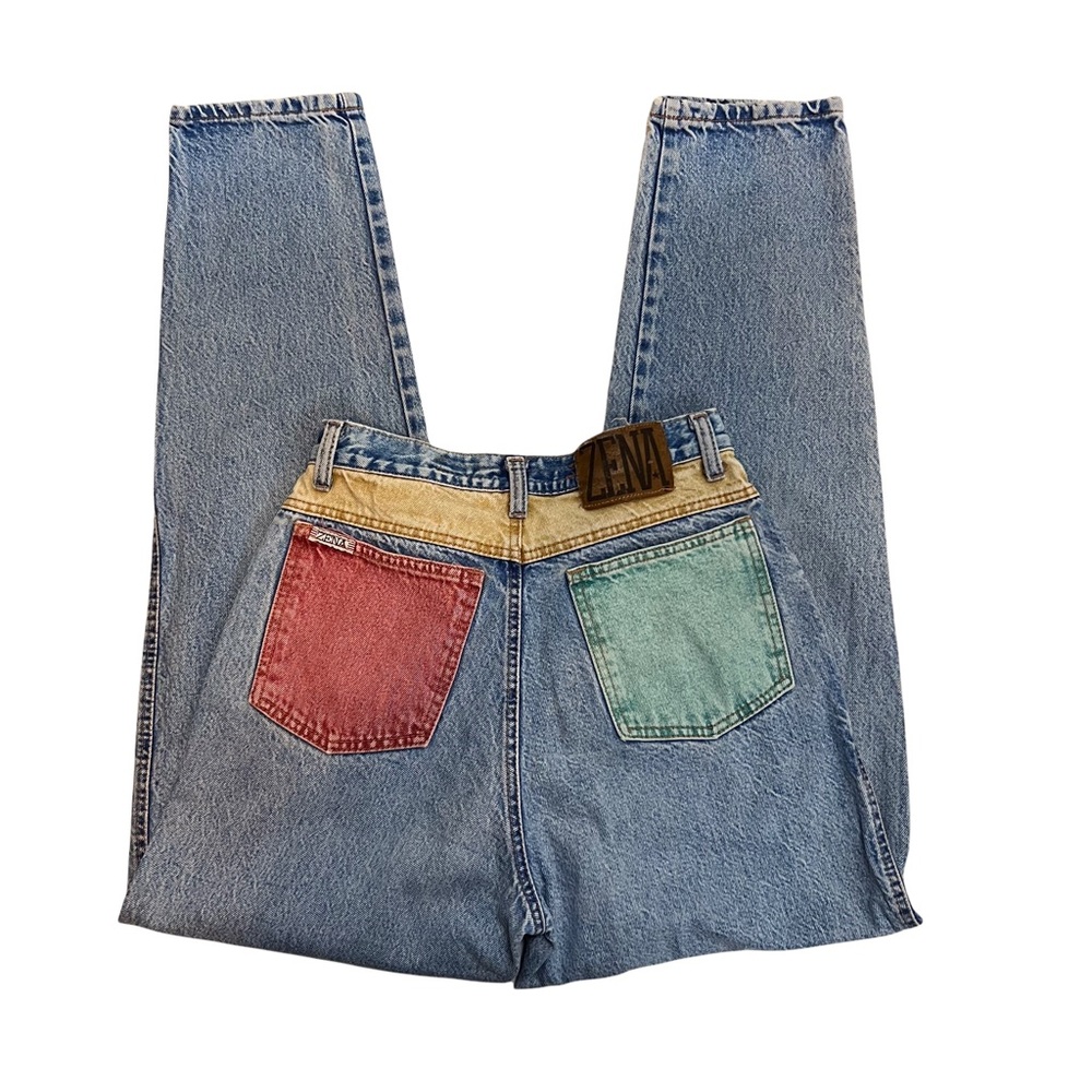 Vintage Zena Size 2 Blue Acid Wash Rainbow Colorful Pockets Straight Leg Jeans - Picture 7 of 9